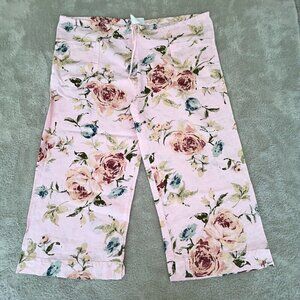 Breezy Mode USA Pink Floral Print Linen Pants Wide Leg Pockets Drawstring Size S